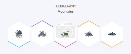 Téléchargez les illustrations : Mountains 25 FilledLine icon pack including hill. clouds. mountain. nature. hill - en licence libre de droit
