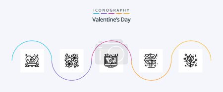 Téléchargez les illustrations : Valentines Day Line 5 Icône Pack Y compris rose. fleur. coeur. amour. panneau - en licence libre de droit