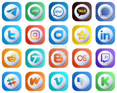 Illustration for 20 Cute 3D Gradient Unique Social Media Icons such as google duo. meta. kakao talk. instagram and twitter icons. Customizable and Professional - Royalty Free Image