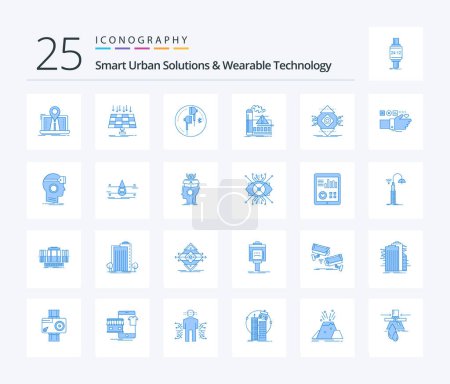 Ilustración de Soluciones urbanas inteligentes y tecnología portátil Paquete de iconos de 25 colores azules, incluido el aire. contaminación. tecnología. música. teléfono - Imagen libre de derechos