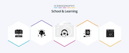 Illustration for School And Learning 25 Glyph icon pack including education. globe. bulb. web. mouse - Royalty Free Image