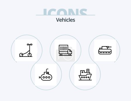 Téléchargez les illustrations : Vehicles Line Icon Pack 5 Icon Design. ship. boat. forklift. tank. military - en licence libre de droit