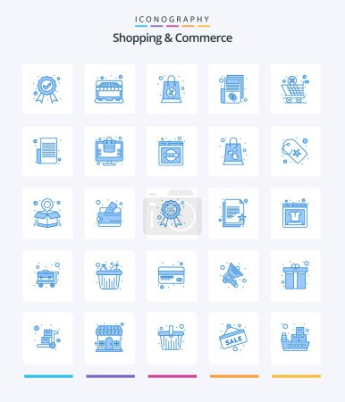 Ilustración de Compras creativas y comercio 25 Blue paquete de iconos, como la entrega global. Dinero. tienda. documento. venta - Imagen libre de derechos