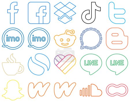 Téléchargez les illustrations : 20 haute résolution coloré contour des icônes des médias sociaux tels que mesenger. reddit et audio Entièrement personnalisable et de haute qualité - en licence libre de droit