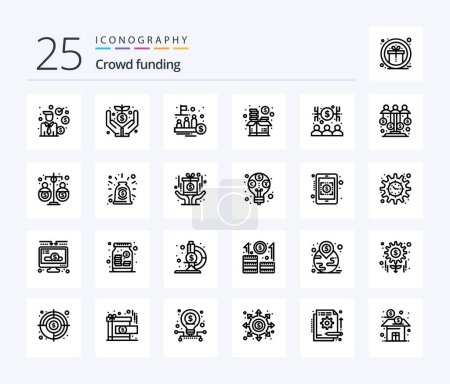 Téléchargez les illustrations : Crowdfunding 25 Line icon pack including money. stock. fund. investment. trade - en licence libre de droit