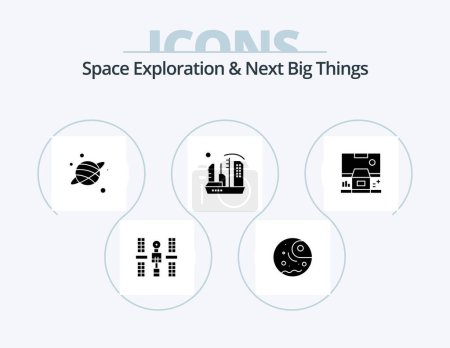 Téléchargez les illustrations : Space Exploration And Next Big Things Glyph Icon Pack 5 Icon Design. cabin. dome. planet. colony. city - en licence libre de droit