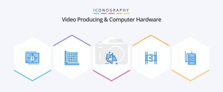 Illustration for Video Producing And Computer Hardware 25 Blue icon pack including movie. distribution. form. special. graphics - Royalty Free Image