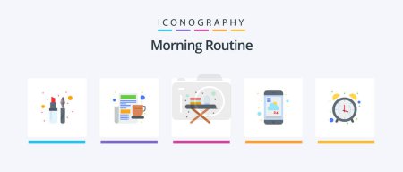 Illustration for Morning Routine Flat 5 Icon Pack Including alarm clock. weather. ironing board. service. mobile. Creative Icons Design - Royalty Free Image