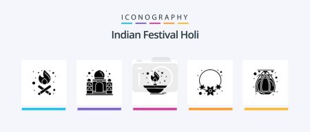 Illustration for Holi Glyph 5 Icon Pack Including terracotta. india. fire. india. flower. Creative Icons Design - Royalty Free Image