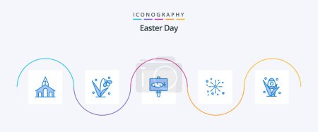 Téléchargez les illustrations : Pack de 5 icônes bleu de Pâques Y compris l'herbe. Pâques. Une tulipe. vacances. vacances - en licence libre de droit