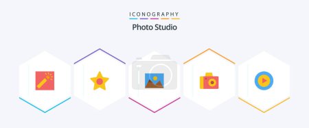 Ilustración de Photo Studio 25 Pack de iconos planos incluyendo mp. Juega. foto. Estudio. foto - Imagen libre de derechos