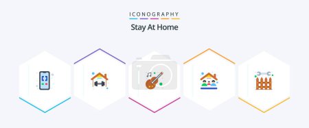 Téléchargez les illustrations : Stay At Home 25 Pack d'icônes plates incluant séjour à la maison. les gens. moi. masque. musique - en licence libre de droit