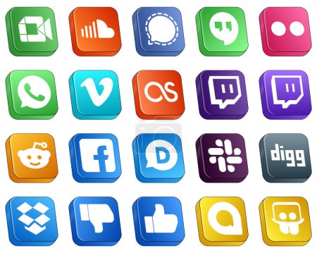 Illustration for 20 Elegant Isometric 3D Social Media Icons such as reddit. lastfm. video and whatsapp icons. Minimalist and high-resolution - Royalty Free Image