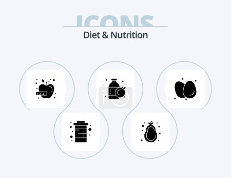 Téléchargez les illustrations : Diet And Nutrition Glyph Icon Pack 5 Icon Design. breakfast. bottle. pear. orange. vegetable - en licence libre de droit