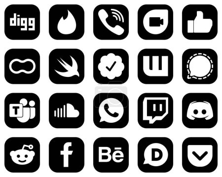 Téléchargez les illustrations : 20 Innovative White Social Media Icônes sur fond noir tels que l'équipe microsoft. mesenger. Des cacahuètes. signal et twitter vérifiés icônes badge. Unique et haute définition - en licence libre de droit