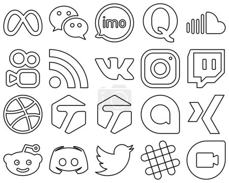 Illustration for 20 Elegant Black Outline Social Media Icons such as instagram. feed. quora. rss and music icons. Creative and eye-catching - Royalty Free Image