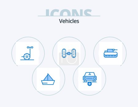 Téléchargez les illustrations : Vehicles Blue Icon Pack 5 Icon Design. panzer. cannon. vehicles. car. wheel alignment - en licence libre de droit