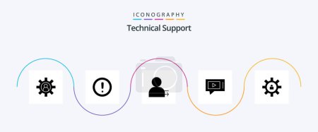 Téléchargez les illustrations : Technical Support Glyph 5 Icon Pack Including gear. video. support. live. right - en licence libre de droit