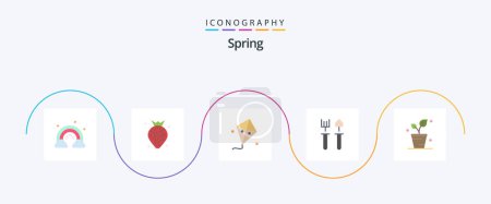 Téléchargez les illustrations : Spring Flat Pack de 5 icônes incluant l'écologie. Pelle. voler. Râteau. jardin - en licence libre de droit