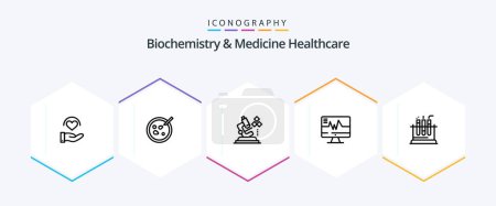 Illustration for Biochemistry And Medicine Healthcare 25 Line icon pack including lab. heartbeat. microscope. heart. medical - Royalty Free Image
