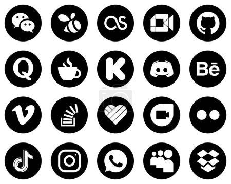 Illustration for 20 High-Resolution White Social Media Icons on Black Background such as text. discord. quora and funding icons. Clean and professional - Royalty Free Image