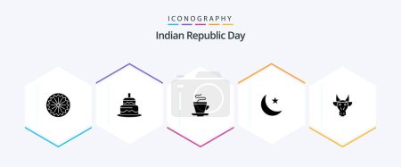 Téléchargez les photos : Jour de la République indienne 25 Glyphe icône pack y compris les animaux. Bonne nuit. Du thé. star. lune - en image libre de droit
