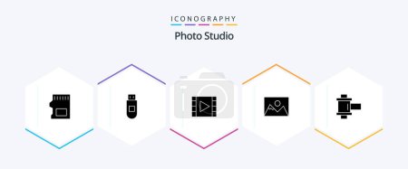 Illustration for Photo Studio 25 Glyph icon pack including photo. photography. media player. photographer. landscape - Royalty Free Image