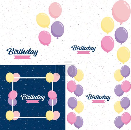 Illustration for Happy Birthday text with a realistic balloon and vector illustration of a celebration balloon with a colorful flag background includes anniversary birthday light bokeh and glitter - Royalty Free Image