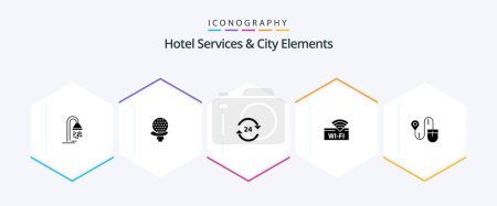 Téléchargez les illustrations : Hotel Services And City Elements 25 Glyph icon pack including device. wifi. concierge. hotel. service - en licence libre de droit