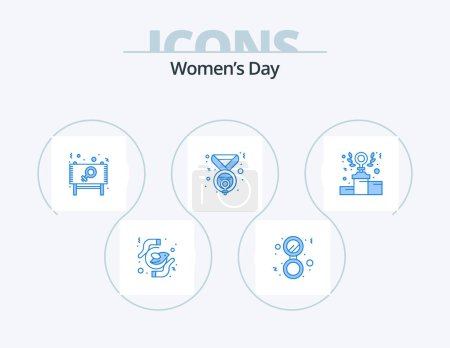 Téléchargez les illustrations : Journée des femmes Icône bleue Pack 5 Icône Design. féminisme. médaille. solide. prix. message - en licence libre de droit