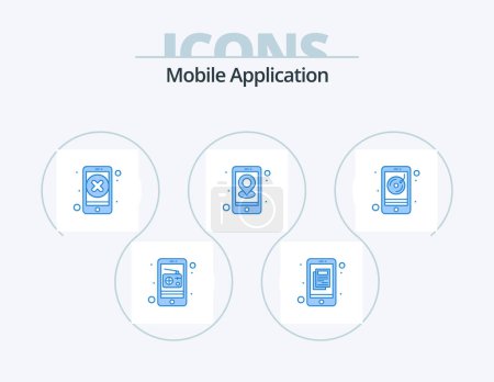 Illustration for Mobile Application Blue Icon Pack 5 Icon Design. broadcasting. navigation. close. location. app - Royalty Free Image