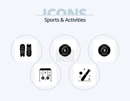 Téléchargez les illustrations : Sports et activités Glyph Icon Pack 5 Icon Design. Icône de ligne. Boule. gymnase. souches de cricket. chauve-souris grillon - en licence libre de droit