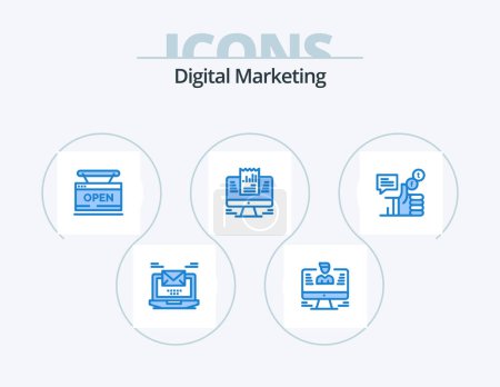 Illustration for Digital Marketing Blue Icon Pack 5 Icon Design. laptop. report. report. online. store - Royalty Free Image