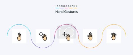 Téléchargez les illustrations : Gestures de main ligne rempli plat pack de 5 icônes dont quatre. Debout. Croupe. flèche de la main. Attendez. - en licence libre de droit