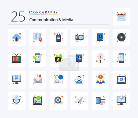 Ilustración de Comunicación y medios de comunicación 25 paquete de iconos de color plano, incluyendo dirección. Viajar. comunicación. vacaciones. cámara - Imagen libre de derechos