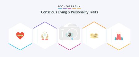 Illustration for Concious Living And Personality Traits 25 Flat icon pack including helping. hands. people. charity. eye - Royalty Free Image