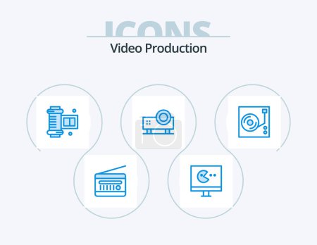 Ilustración de Producción de vídeo Blue Icon Pack 5 Icon Design. proyector de vídeo. proyector. presentación powerpoint. - Imagen libre de derechos