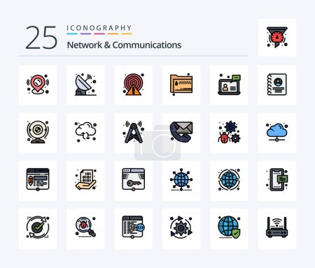 Téléchargez les illustrations : Network And Communications 25 Line Filled icon pack including zip. files. space. share. point - en licence libre de droit