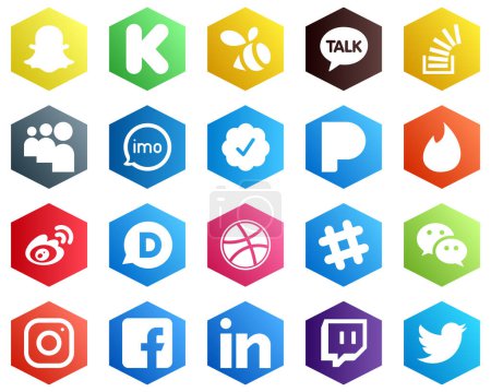 Illustration for 25 Minimalistic White Icons such as weibo. pandora. overflow. twitter verified badge and video icons. Hexagon Flat Color Backgrounds - Royalty Free Image