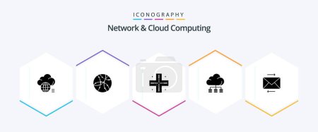 Téléchargez les illustrations : Pack d'icônes Network And Cloud Computing 25 Glyph incluant le partage. technologie. technologie. stockage. nuage - en licence libre de droit
