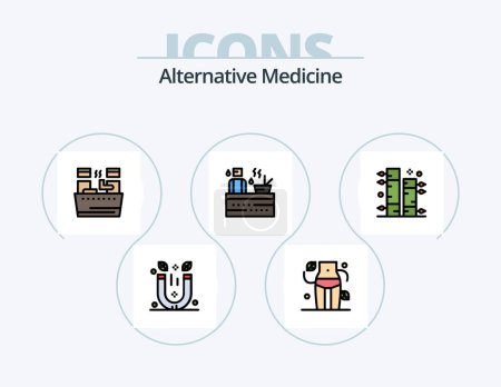 Téléchargez les illustrations : Ligne de médecine alternative rempli Icône Pack 5 Icône Design. botanique. vaccin. horloge. seringue. santé - en licence libre de droit
