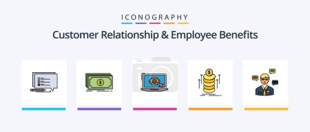 Téléchargez les illustrations : Customer Relationship And Employee Benefits Line Filled 5 Icon Pack Including food. medical. snack. theater. presentation. Creative Icons Design - en licence libre de droit