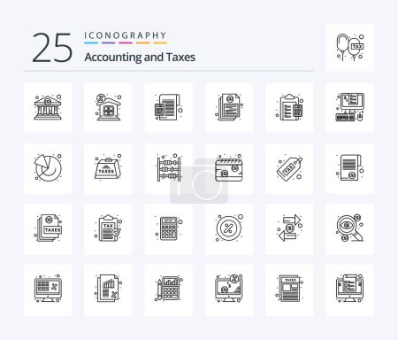 Illustration for Taxes 25 Line icon pack including report. file. accounting. document. percentage - Royalty Free Image
