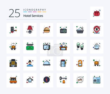 Téléchargez les illustrations : Services de l'hôtel 25 Line Filled icon pack including hotel. bain. Un burger. image. caméra - en licence libre de droit