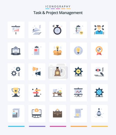 Illustration for Creative Task And Project Management 25 Flat icon pack  Such As laptop. profile. north. man. time - Royalty Free Image