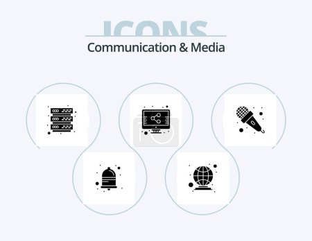 Téléchargez les illustrations : Communication et médias Glyphe Icône Pack 5 Icône Design. audio. micro. base de données. Micro. écran - en licence libre de droit