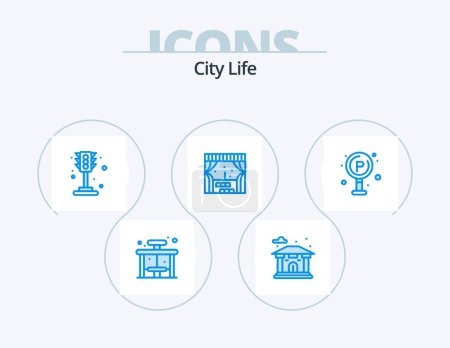 Téléchargez les illustrations : City Life Blue Icon Pack 5 Icône Design. tableau. la vie. la vie. la ville. ville - en licence libre de droit