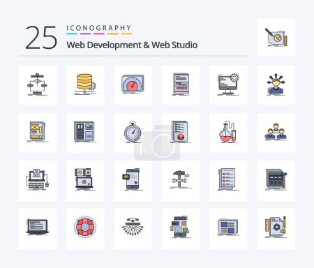 Téléchargez les illustrations : Développement Web et Web Studio 25 ligne rempli icône pack y compris la page. internet. test. réactif. internet - en licence libre de droit