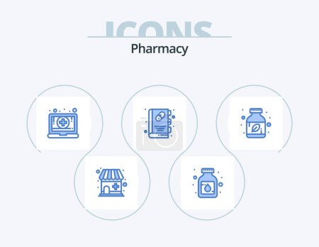 Illustration for Pharmacy Blue Icon Pack 5 Icon Design. herbal. ayurvedic pills. laptop. medical book. booklet - Royalty Free Image