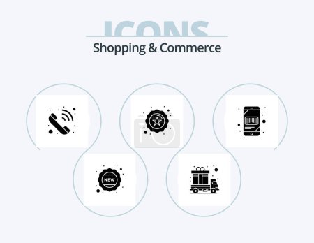 Téléchargez les illustrations : Shopping et commerce Glyph Icon Pack 5 Icône Design. téléphone. code à barres. Contactez-nous. qualité. badge - en licence libre de droit